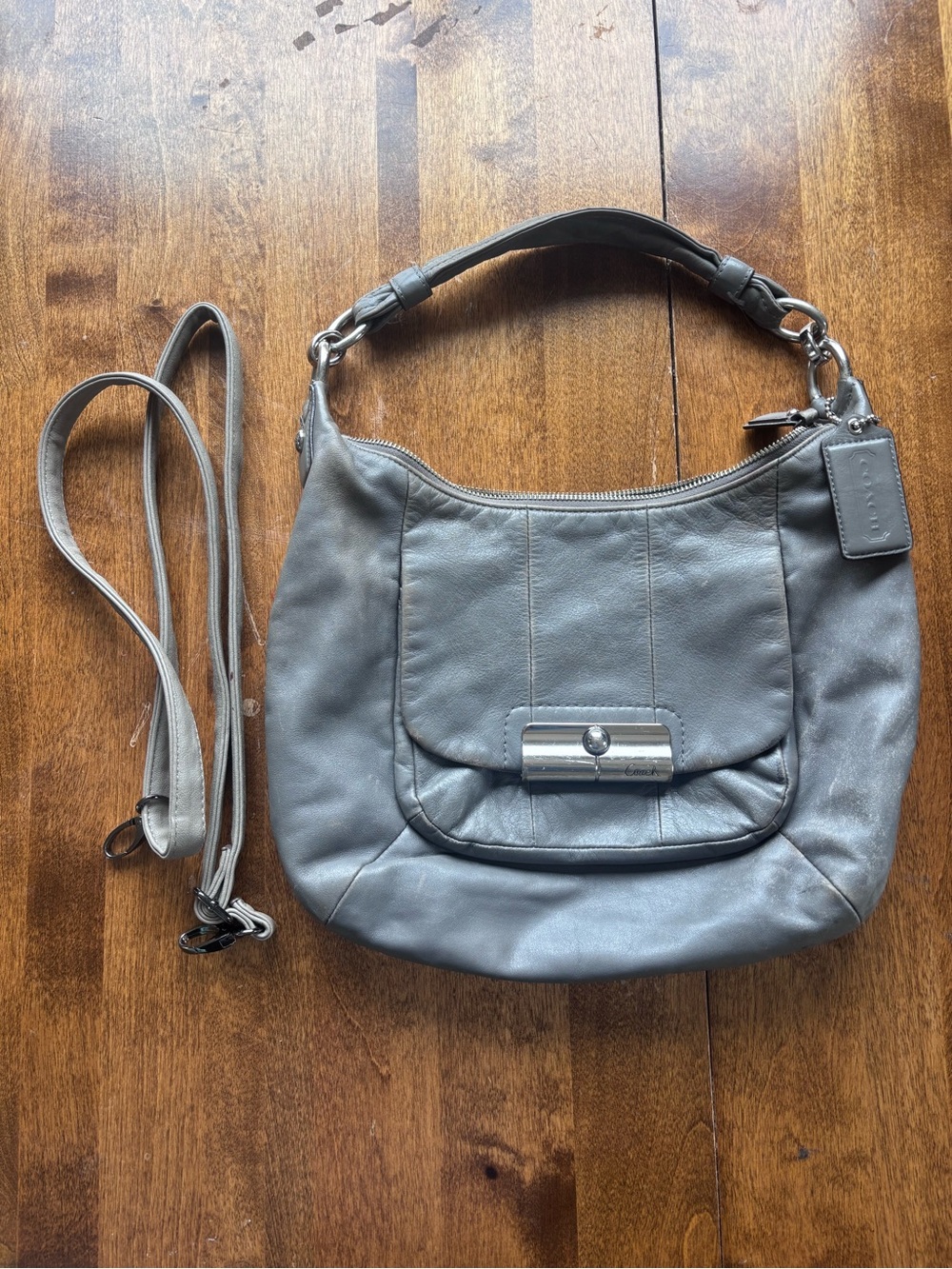 Coach Gray Pebbled Leather Shoulder Bag with Detachable Strap
